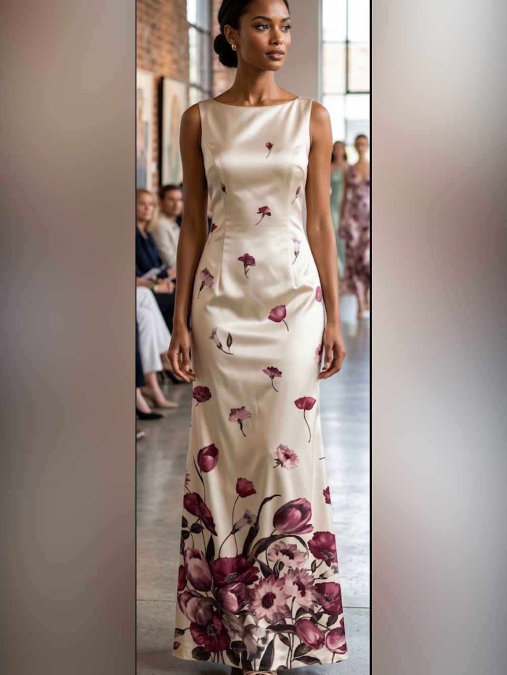 Jessica McClintock Cream Maxi Dress with Burgundy Floral Print